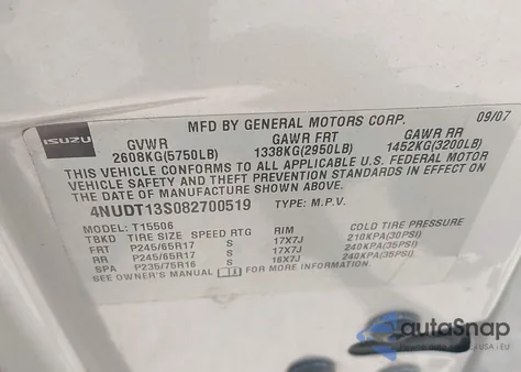 2008 Isuzu Ascender S from USA, damaged, VIN 4NUDT13S082700519